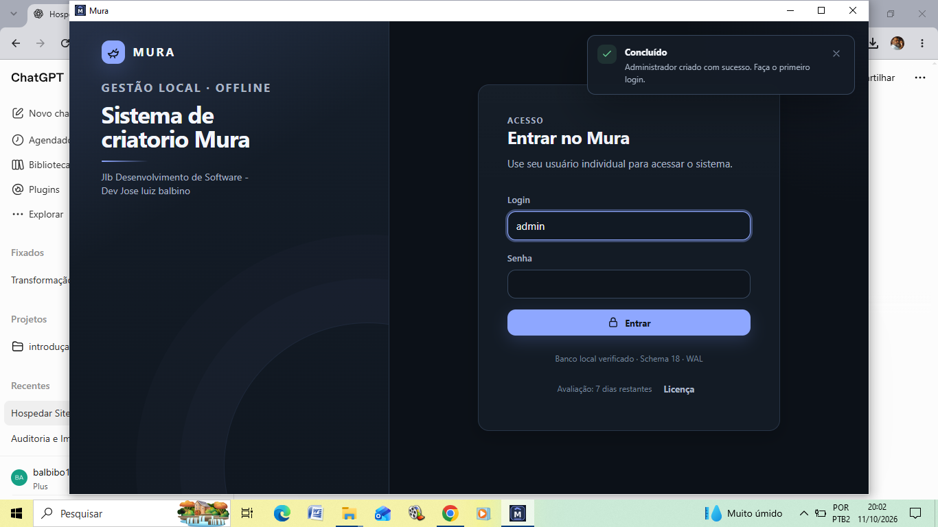 Tela de login do Mura com avaliação de sete dias