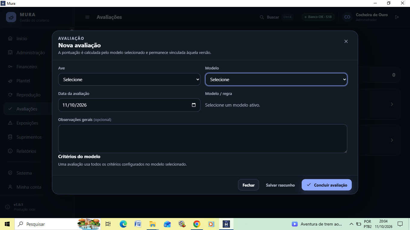 Modal de nova avaliação de ave