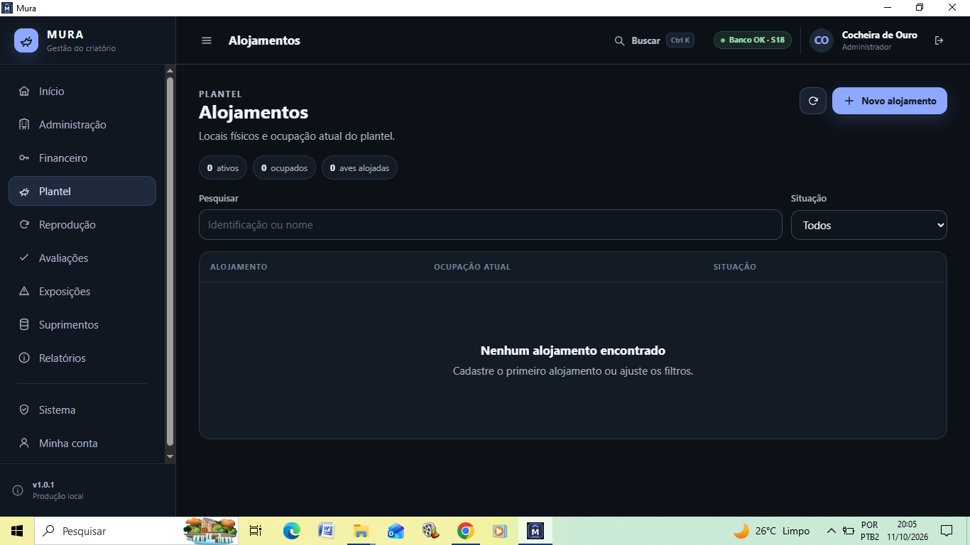 Tela de gestão de alojamentos do plantel