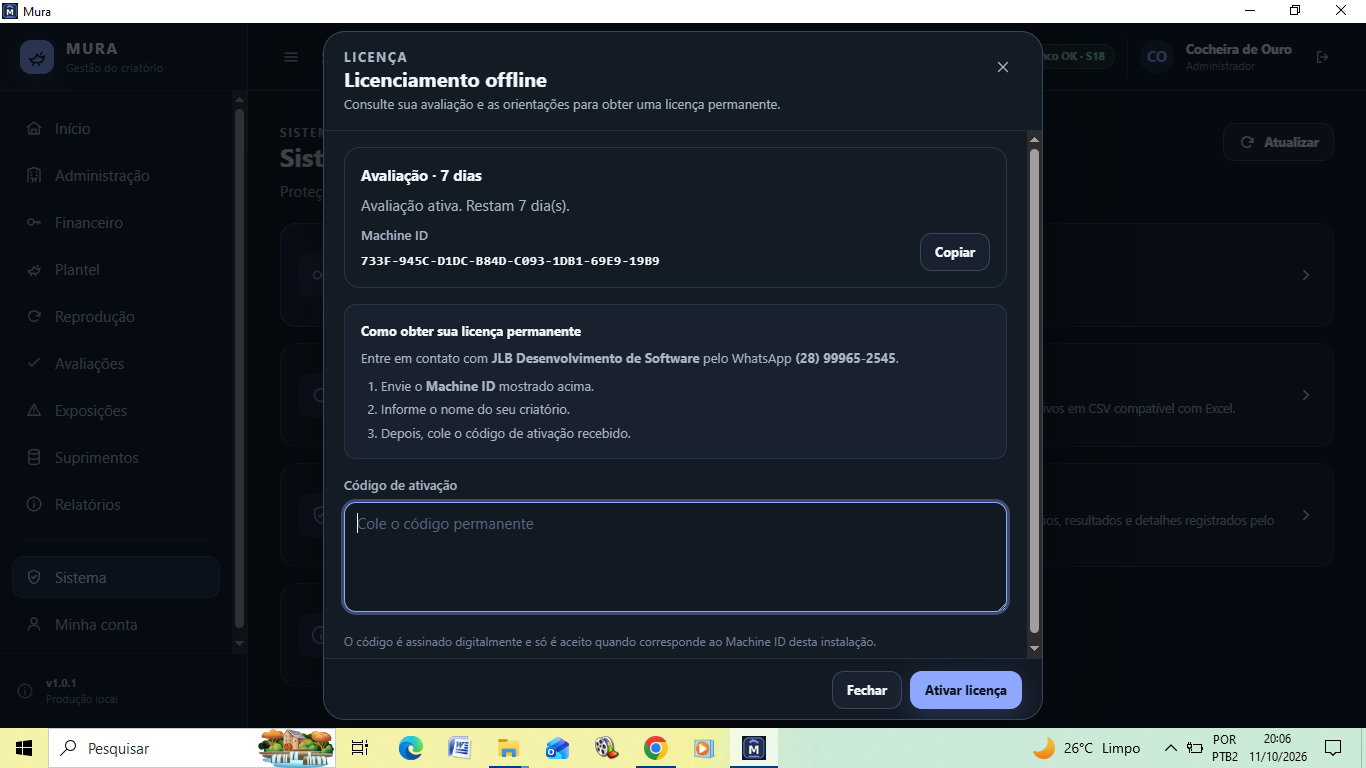 Tela de licenciamento offline com período de avaliação e Machine ID